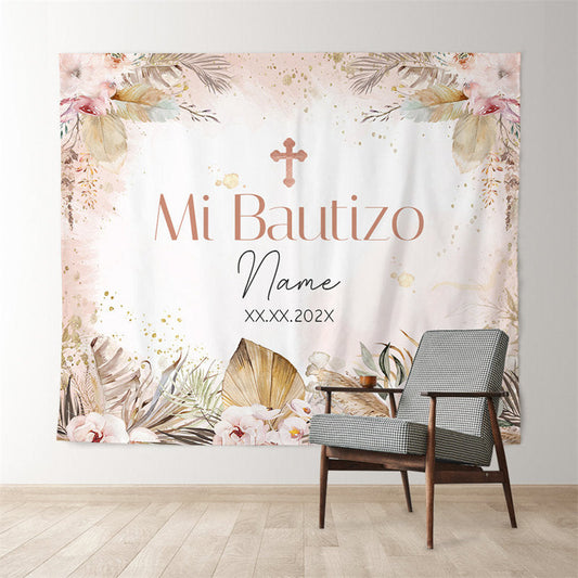 Lofaris Girl Feather Mi Bautizo Pink Backdrop Banner For Baptism
