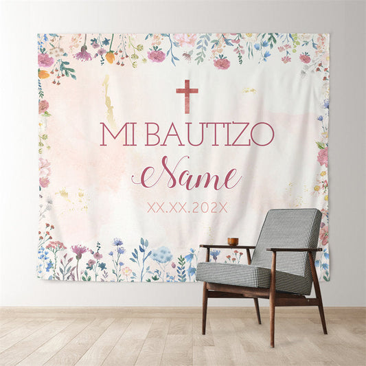 Lofaris Girl Mi Bautizo Pink Little Flower Baptism Backdrop For Deco