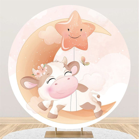 Lofaris Moon And Cute Cow Round Baby Shower Backdrop For Party