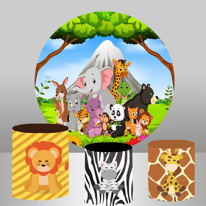 Lofaris Mountain Forest Birthday Round Animal Backdrop Kit