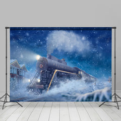 Lofaris Moving Train Snow Night Blue Winter Backdrop for Party