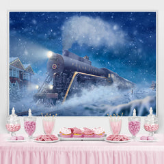 Lofaris Moving Train Snow Night Blue Winter Backdrop for Party
