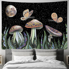 Lofaris Mushroom And Sky Galaxy Butterfly Moon Wall Tapestry