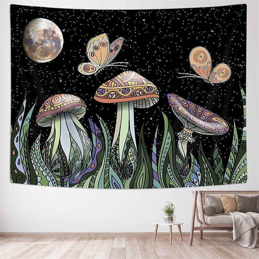 Lofaris Mushroom And Sky Galaxy Butterfly Moon Wall Tapestry