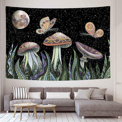 Lofaris Mushroom And Sky Galaxy Butterfly Moon Wall Tapestry