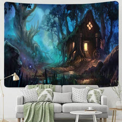 Lofaris Mysterious Light Lodge Forest Trippy Lake Wall Tapestry