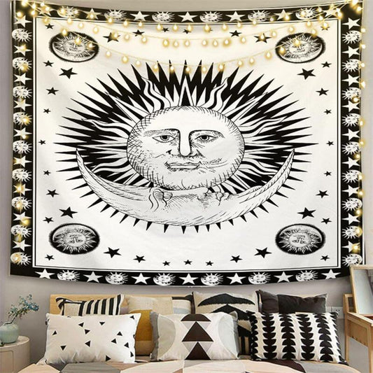 Lofaris Mysterious Sun And Star Moon Black White Wall Tapestry