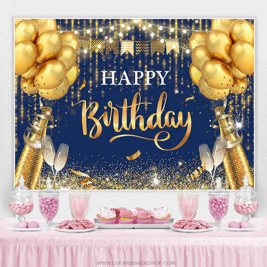 Lofaris Navy Blue And Golden Balloons Happy Birthday Backdrop