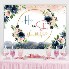 Lofaris Navy Blue And Pink Floral Glitter Baby Shower Backdrop