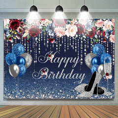 Lofaris Navy Blue And Sliver Balloons Glitter Birthday Backdrop