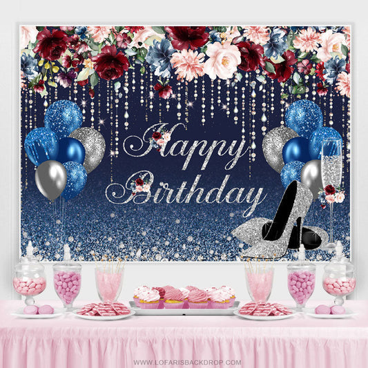 Lofaris Navy Blue And Sliver Balloons Glitter Birthday Backdrop