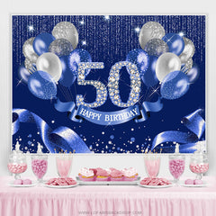 Lofaris Navy Blue Balloon Ribbion Happy 50Th Birthday Backdrop