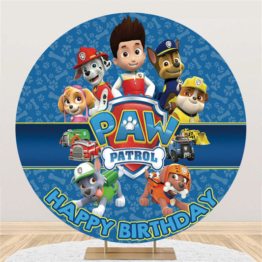 Lofaris Navy Blue Cartoon Dogs And Boy Round Birthday Backdrop