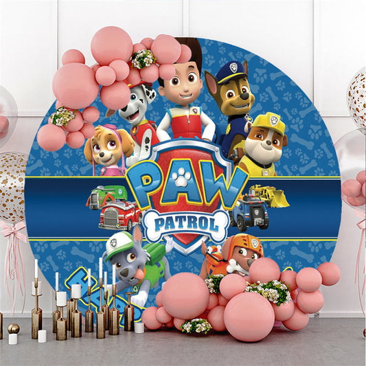 Lofaris Navy Blue Cartoon Dogs And Boy Round Birthday Backdrop