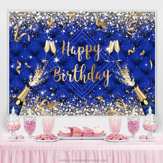 Lofaris Navy Blue Champagne Ribbion Happy Birthday Backdrop