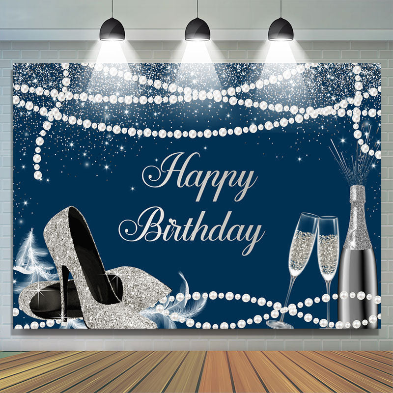 Lofaris Navy Blue Silver High Heels Happy Birthday Backdrop