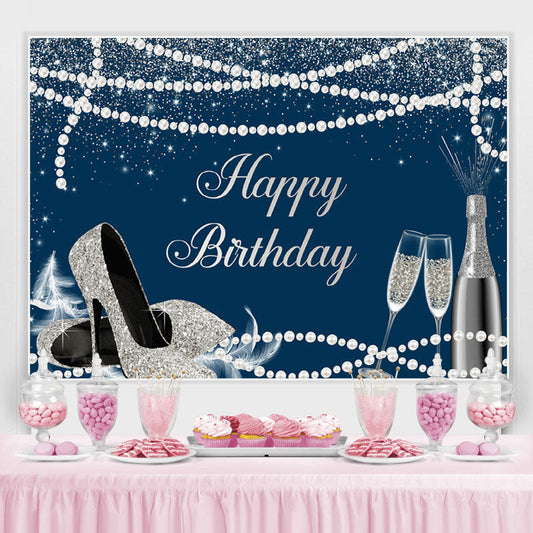 Lofaris Navy Blue Silver High Heels Happy Birthday Backdrop