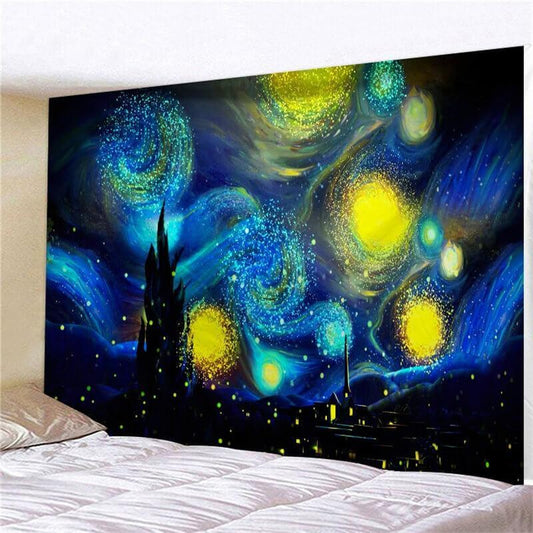 Lofaris Navy Blue Yellow Galaxy Abstract Landscape Wall Tapestry