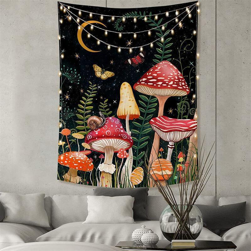 Lofaris Night Sky Mushroom And Star Moon Butterfly Wall Tapestry