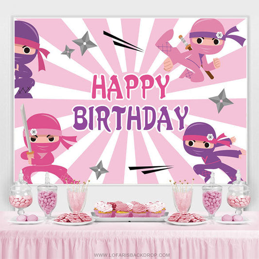 Lofaris Ninja Pink And White Happy Birthday Backdrop For Girls
