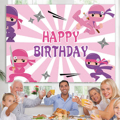 Lofaris Ninja Pink And White Happy Birthday Backdrop For Girls