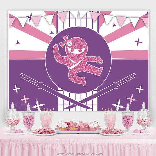 Lofaris Ninja Pink Glitter Happy Birthday Backdrop For Girls