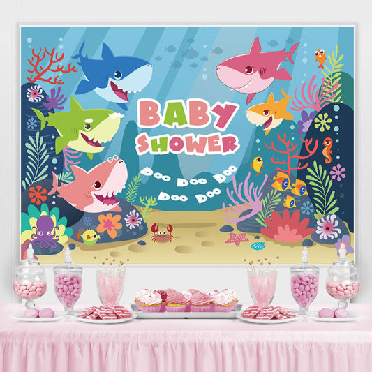 Lofaris Ocean Shark Themed Blue Baby Shower Party Backdrop