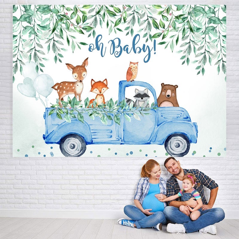 Lofaris Oh baby blue car with animals boy shower backdrop