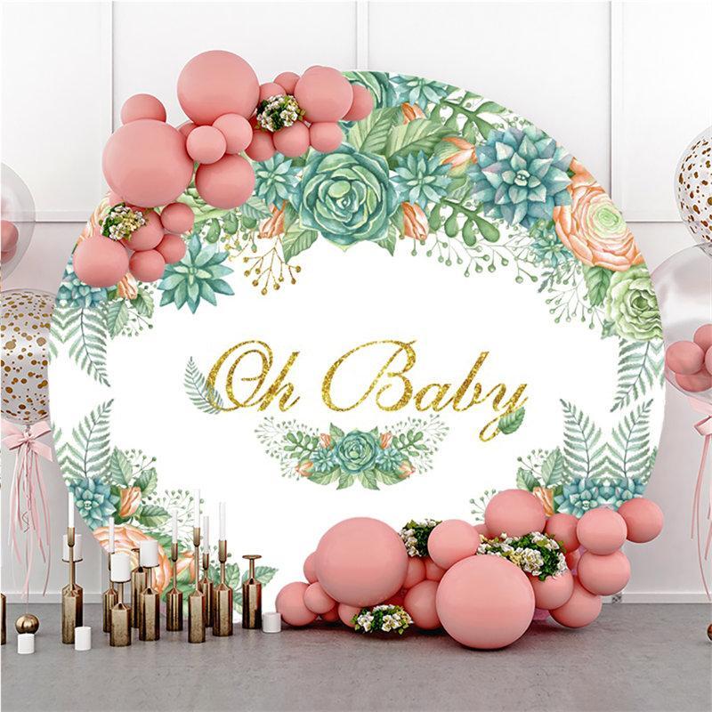 Lofaris Oh Baby Pink Green Floral Round Shower Backdrop
