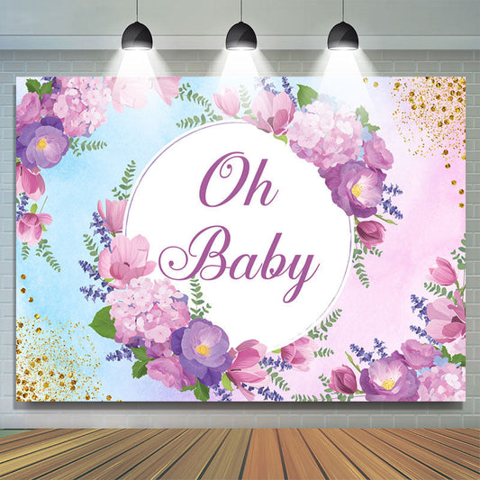 Lofaris Oh Baby Purple Floral Glitter Shower Backdrop