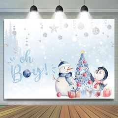 Lofaris Oh Baby Snowy Penguin Blue Backdrop for Shower