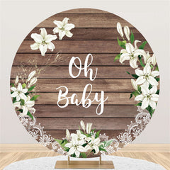 Lofaris Oh Baby White Floral Brown Wood Round Shower Backdrop
