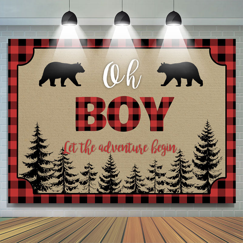 Lofaris Oh Boy Adventure Bears Forest Red Plaid Baby Shower Backdrop