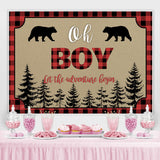 Load image into Gallery viewer, Lofaris Oh Boy Adventure Bears Forest Red Plaid Baby Shower Backdrop