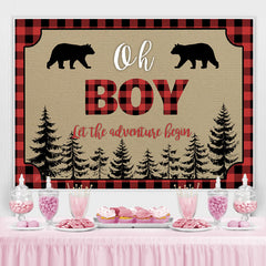 Lofaris Oh Boy Adventure Bears Forest Red Plaid Baby Shower Backdrop