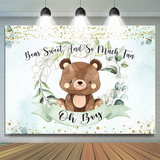 Lofaris Oh boy green leaves and teddy bear baby shower backdrop