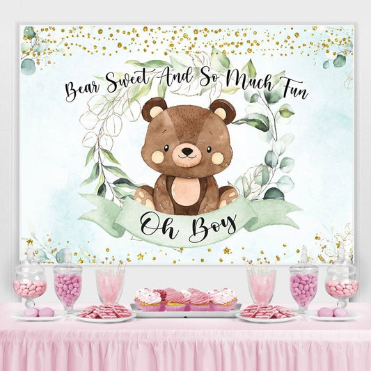 Lofaris Oh boy green leaves and teddy bear baby shower backdrop
