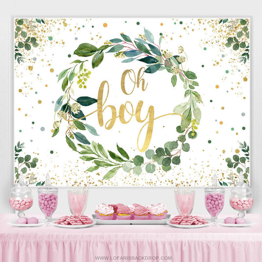 Lofaris Oh Boy Green Leaves Gold Glitter Baby Shower Backdrop