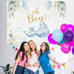 Lofaris Oh Boy Whale Green Photoshoot Backdrop for Baby Shower