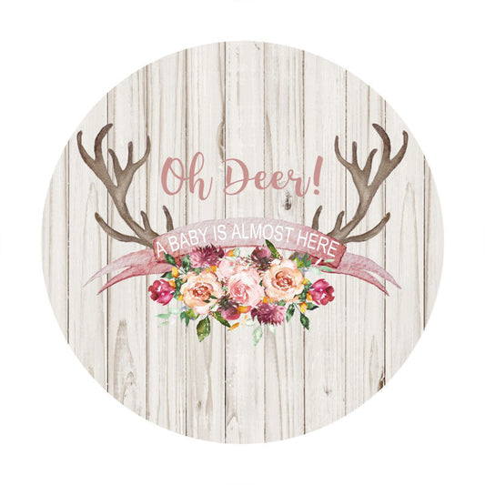 Lofaris Oh Deer White Stripe Wooden Round Baby Shower Backdrop