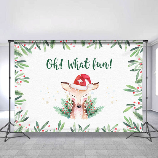 Lofaris Oh What Fun Chrismas Elk And Green Leaves Backdrop