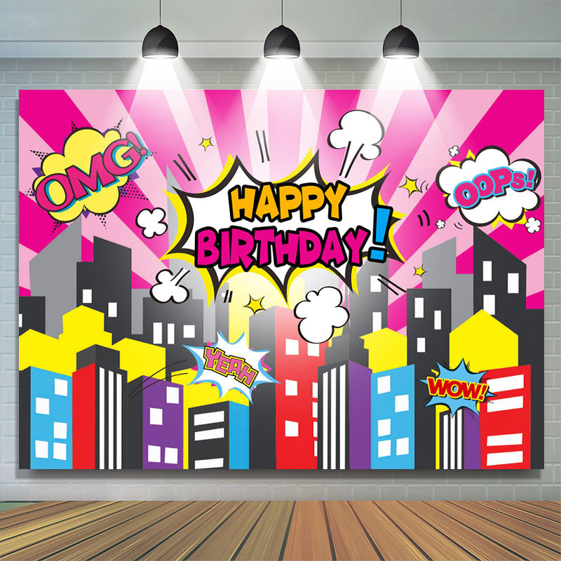 Lofaris Omg Happy Birthday Cartoon City Backdrop For