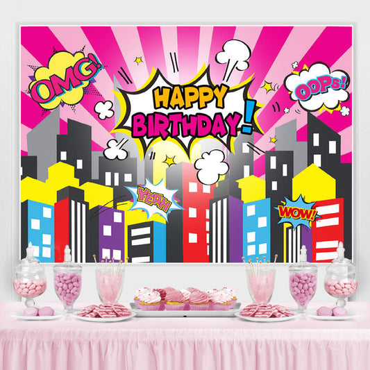 Lofaris Omg Happy Birthday Cartoon City Backdrop For