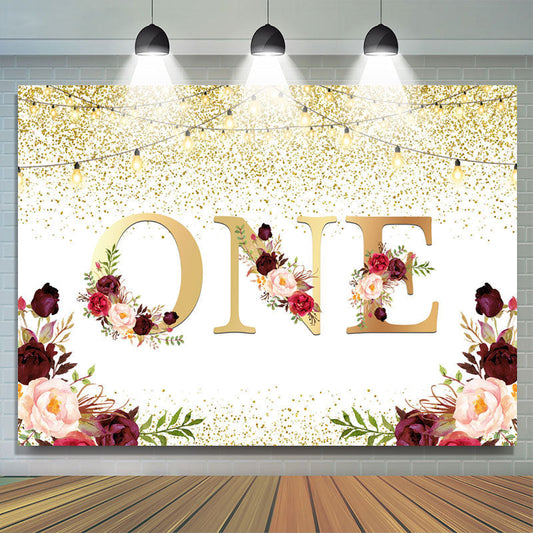 Lofaris One Floral Gold Glitter Lights First Birthday Backdrop