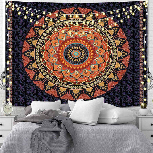Lofaris Orange And Black Mandala Trippy Art Decor Wall Tapestry
