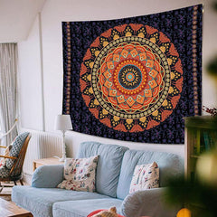 Lofaris Orange And Black Mandala Trippy Art Decor Wall Tapestry
