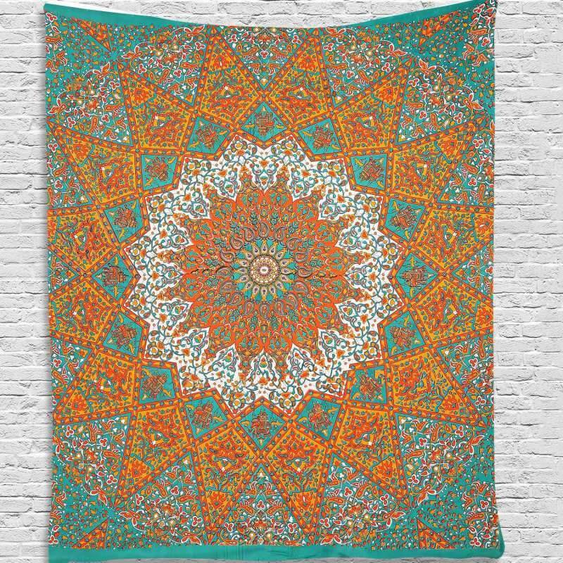 Lofaris Orange And Cyan Floral Bohemian Mandala Wall Tapestry