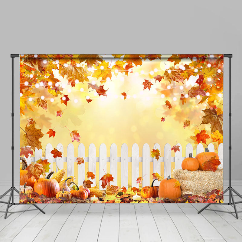 Orange Maple Leaves and Ripe Pumpkins Autumn Backdrop