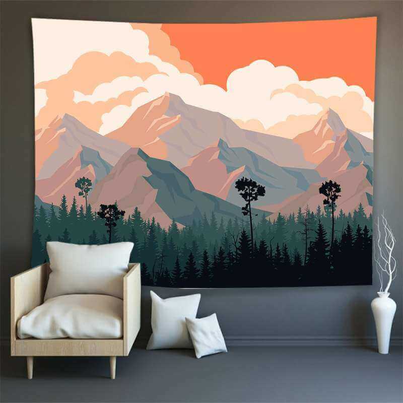 Lofaris Orange Sky Cloud Mountain Forest Still Life Wall Tapestry