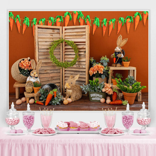 Lofaris Orange Wall With Carrot Wooden Happy Easter Backdrop